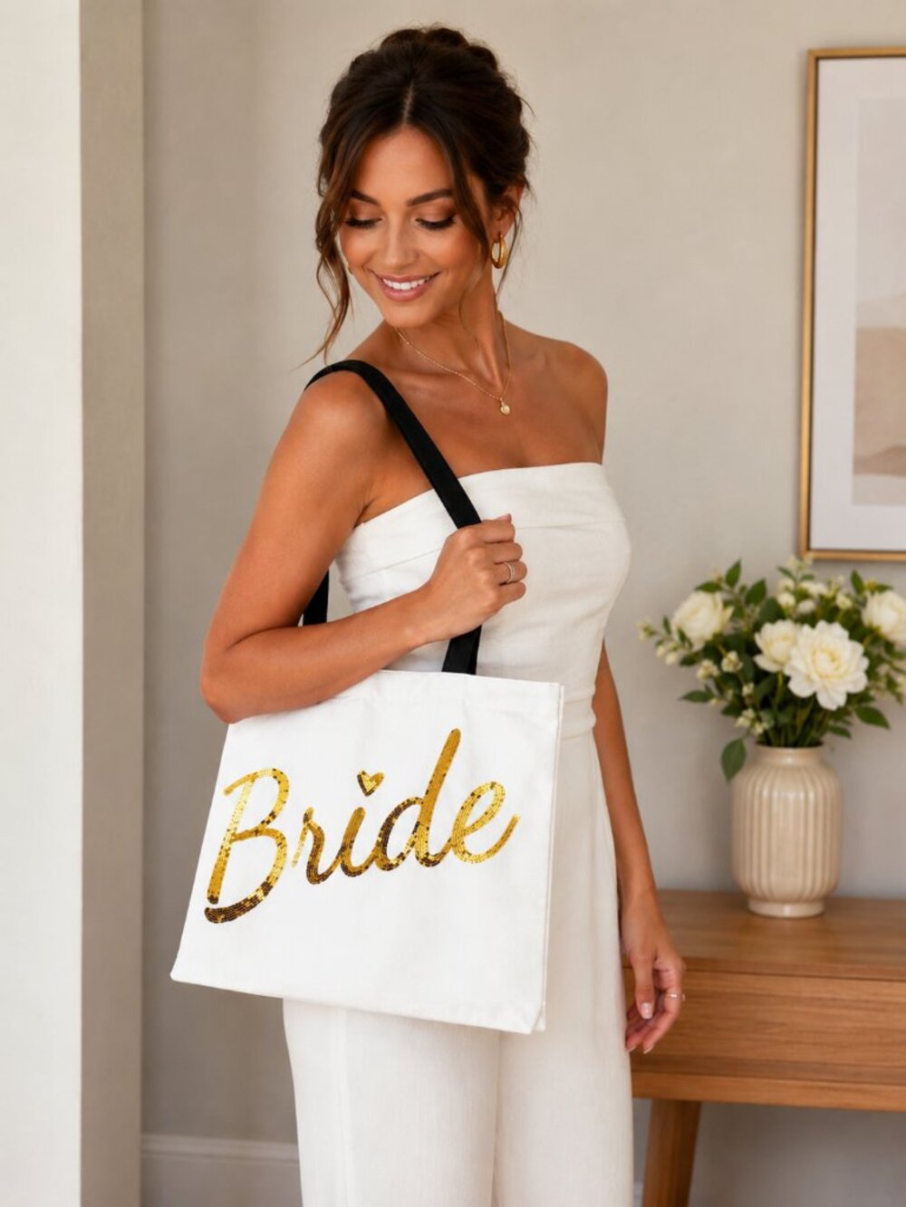Nicole Miller Bride Tote Bag Cream Gold Sequin Honeymoon Wedding